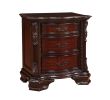 Brown Cherry Traditional Ornate Nightstand Bedside Table with Three Storage Drawers Solid Wood Scrollwork Bedroom Furniture
