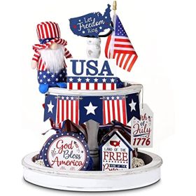 10 Pieces Tiered Tray Decor Farmhouse Mini Wood Signs Decorations for independence Day Easter Bee Lemon Sunflower Party Decoration(Patriotic Style)