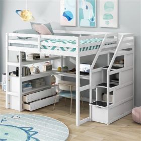 Modern Full Size Loft Bed with Desk, Storage Staircase, Dresser & Shelves - White