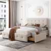 Beige Queen Button-Tufted Upholstered Platform Bed with 4 Storage Drawers