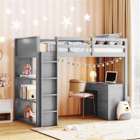 Modern Gray Twin Size Loft Bed with Desk and Storage Shelves