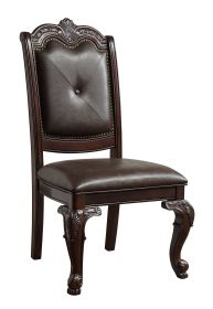 Kiera Faux Brown Leather Dining Room Chairs (Set of 2) - Button Tufted High Back Scrollwork Nailhead Trim