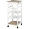 HOMCOM Mobile Kitchen Cart, Rolling Kitchen Island with Storage, Solid Wood Frame Utility Cart with Wire Fruit Baskets, Trays and Drawer, White