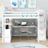 Modern Full Size Loft Bed with Desk, Storage Staircase, Dresser & Shelves - White