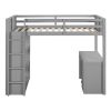 Modern Gray Twin Size Loft Bed with Desk and Storage Shelves