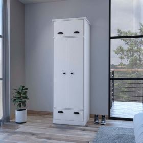 White Two Door Dumas Armoire Wardrobe Closet with 2 Drawers & Hanging Rod