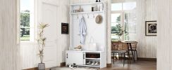 Hall Tree with Top Shelf and Storage Bench, Hallway Shoe Cabinet with Sliding Doors, Coat Rack with 5 Hanging Hooks for Entryways Hallways,White