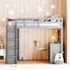 Modern Gray Twin Size Loft Bed with Desk and Storage Shelves