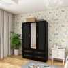 Wooden Armoire Wardrobe Closet with 3 Doors Hanging Rods 4 Drawers Shelves Large Capacity Clothes Storage Cabinet Organization for Bedroom Black 47.24