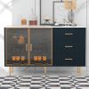 TREXM Modern Sideboard MDF Buffet Cabinet Marble Sticker Tabletop and Amber-yellow Tempered Glass Doors with Gold Metal Legs & Handles (Navy Blue)