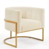 Upholstered Velvet Accent Chair with Golden Metal Stand,Mid-Century Living Room Leisure Chair with Curve Backrest -Cream - as Pic