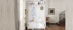 Hall Tree with Top Shelf and Storage Bench, Hallway Shoe Cabinet with Sliding Doors, Coat Rack with 5 Hanging Hooks for Entryways Hallways,White