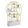 70.8 Inch Round Office Bookcase Bookshelf, Display Shelf, Two Drawers, Gold Frame
