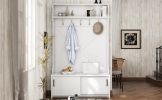 Hall Tree with Top Shelf and Storage Bench, Hallway Shoe Cabinet with Sliding Doors, Coat Rack with 5 Hanging Hooks for Entryways Hallways,White
