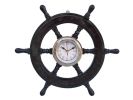 Deluxe Class  Black Wood and Chrome Pirate Ship Wheel Clock 18"