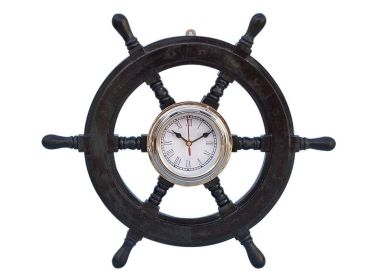 Deluxe Class  Black Wood and Chrome Pirate Ship Wheel Clock 18"