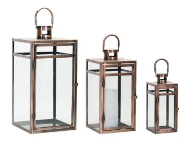 Lantern (Set of 3) 11.75"H, 16"H, 20.5"H Metal/Glass (Finish: Copper)