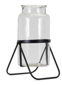 Glass Jar Vase In Black Metal Stand (Set of 2) (size: 14"H)