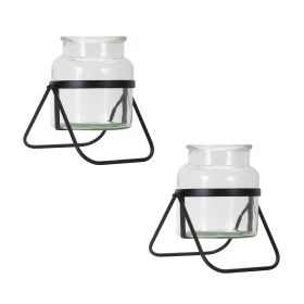 Glass Jar Vase In Black Metal Stand (Set of 2) (size: 9"H)