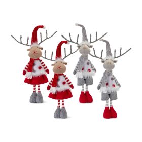 Plush Christmas Boy & Girl Deer Reindeer Shelf Sitters with Dangling Legs (Option: 4pc, 18" Red/White/Grey)
