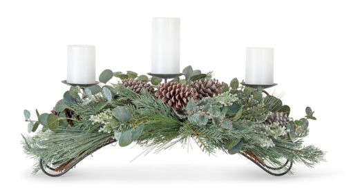 Triple Candle Holder Centerpiece 31"L x 11"H (Fits 3" Pillar Candles) (Option: Pinecone/Eucalyptus)