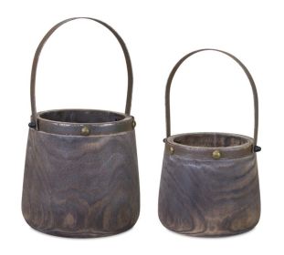 Pail (Set of 2) 7.5"D x 11.75"H, 9"D x 14"H Wood/Steel (Option: Brown)