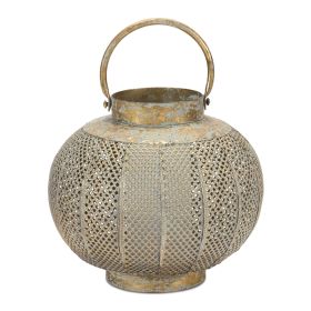 Distressed Bronze Punched Metal Lantern Candle Holder (size: 8.5"D x 8.75"H)