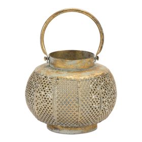 Distressed Bronze Punched Metal Lantern Candle Holder (size: 7.5"D x 5.75"H)