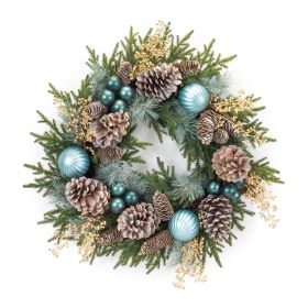 Winter Holiday Pine Wreath Plastic (Option: 27" Blue Ornaments)