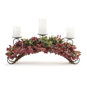 Triple Candle Holder Centerpiece 31"L x 11"H (Fits 3" Pillar Candles) (Option: Pine/Frosted Berry)