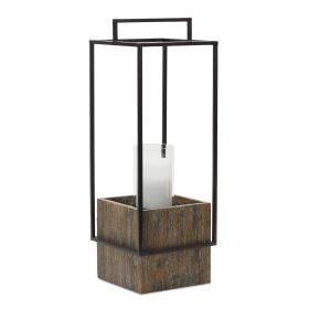 Metal Box Framed Candle Holder with Wood Base & Glass Insert for 3" Pillar Candle (size: 21.5" Distressed)