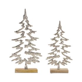 Tree on Base (Set of 2) 11.5"H, 14.25"H Wood/Aluminum (Option: Silver, Brown)