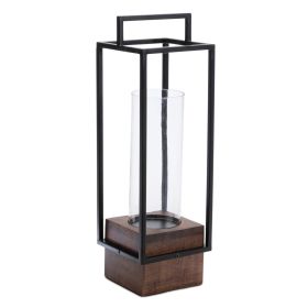 Metal Box Framed Candle Holder with Wood Base & Glass Insert for 3" Pillar Candle (size: 25" Distressed)