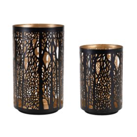 Black Punched Metal Candle Holder (Set of 2) 4.25"D x 6"H, 5"D x 8"H Iron (style: Forest)