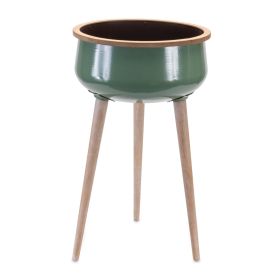 Green Metal Planter with Wood Legs (size: 14"D x 24"H)