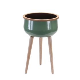 Green Metal Planter with Wood Legs (size: 12"D x 19.5"H)