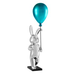 Chrome Bunny with Colored Balloon Sculpture on Glossy Black Base (Color: Blue)
