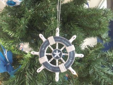 Decorative Ship Wheel With Starfish Christmas Tree Ornament (Color: Dark Blue & White)