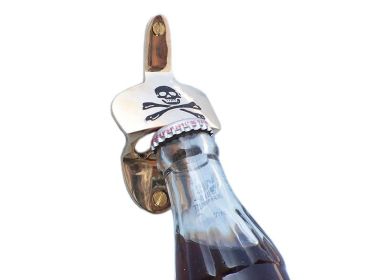 Pirate Skull and Crossbones Wall Mounted Bottle Opener 3.5" (Finish: Brass)