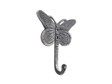 Cast Iron Butterly Decorative Metal Wall Hook 5" (Finish: Rustic Silver)
