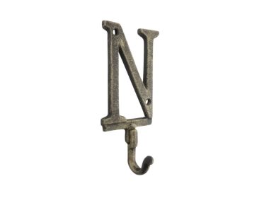 Cast Iron Letter N Alphabet Wall Hook 6" (Finish: Rustic Gold)
