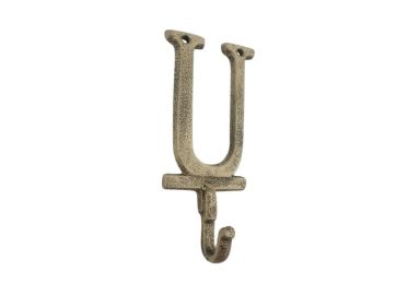 Cast Iron Letter U Alphabet Wall Hook 6" (Finish: Rustic Gold)