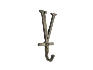 Cast Iron Letter V Alphabet Wall Hook 6" (Finish: Rustic Gold)