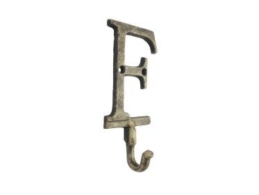 Cast Iron Letter F Alphabet Wall Hook 6" (Finish: Rustic Gold)