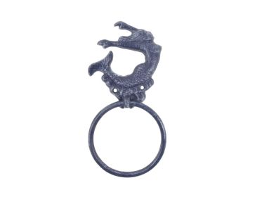 Cast Iron Decorative Arching Mermaid Towel Holder 9" (Finish: Rustic Dark Blue)