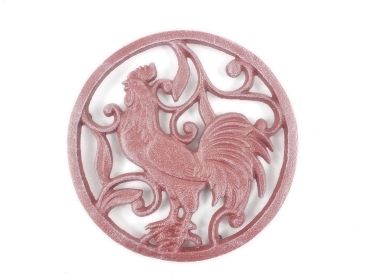 Cast Iron Rooster Trivet 8" (Finish: Rustic Red Whitewashed)