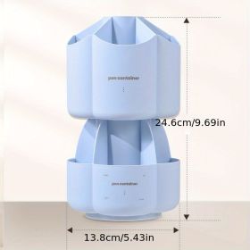 Office Desk 360 ° Rotating Double Layer Pen Holder Stationery Storage Box School Large Capacity Multifunctional Creative Pen Holder (Layers: Double, Color: Blue)