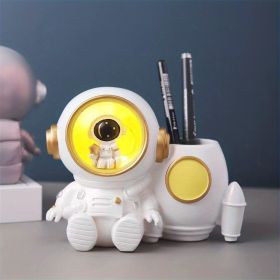 Astronaut Sculpture Pen Holder Pencil Holder Pen Organizer Cosmetic Brush Holder Decorative Pen Box Pen Pot Makeup Brush Pot With Light. (White/Orange (Color: White/Yellow)