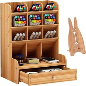 1pc Wooden Desk Organizer, Multi-Functional DIY Pen Holder, Pen Organizer For Desk, Desktop Stationary, Easy Assembly (style: With Drawer)