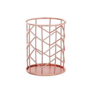 Metal Iron Penholder Office Storage And Sorting Basket Stationery Makeup Brush Storage Bucket Multifunctional Penholder (Color: Rose Golden, style: Pattern)